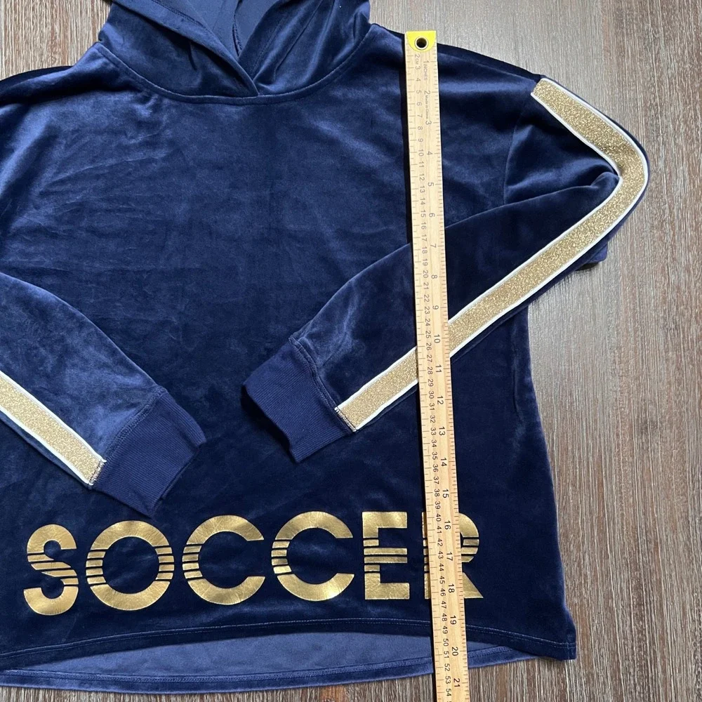 Justice Active Velour Soccer‎ Hoodie Girls Size 14/16 Navy Gold Glitter Stripes